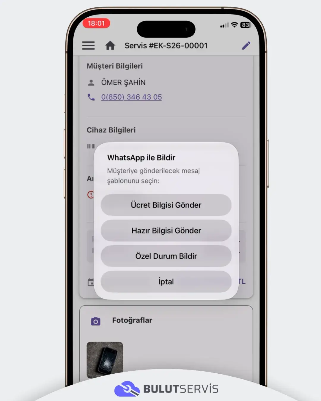 Bulut Servis Özellikleri - WhatsApp Mesajı